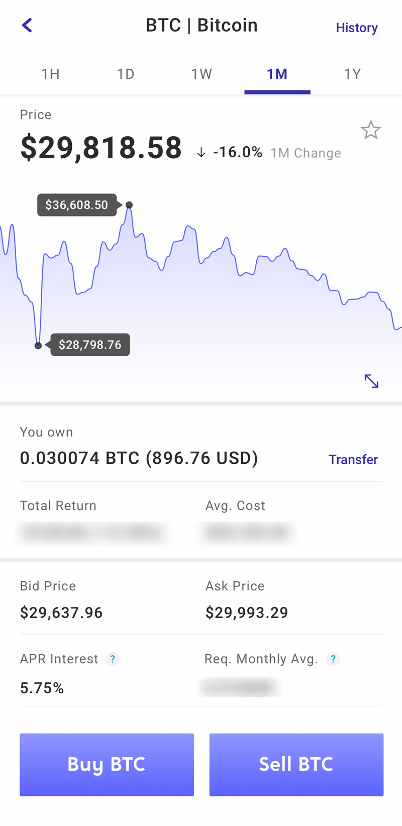 voyager app screenshot of btc coin overview page