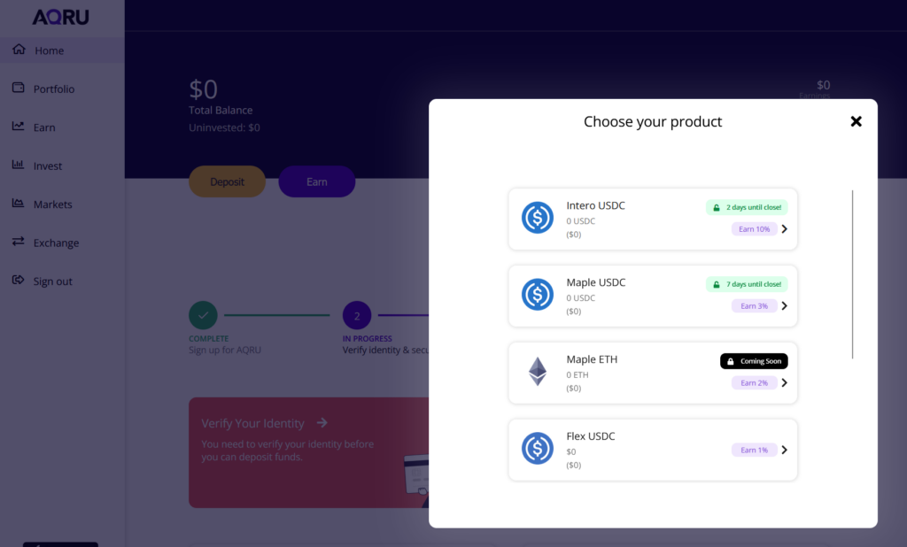 AQRU Crypto Savings platform screenshot