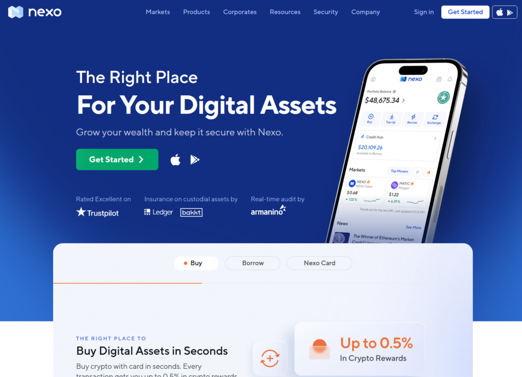 nexo crypto platform homepage